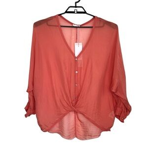Scandal Womens Keva Silk oversized V Neck Blouse One Size Pink Semi Sheer